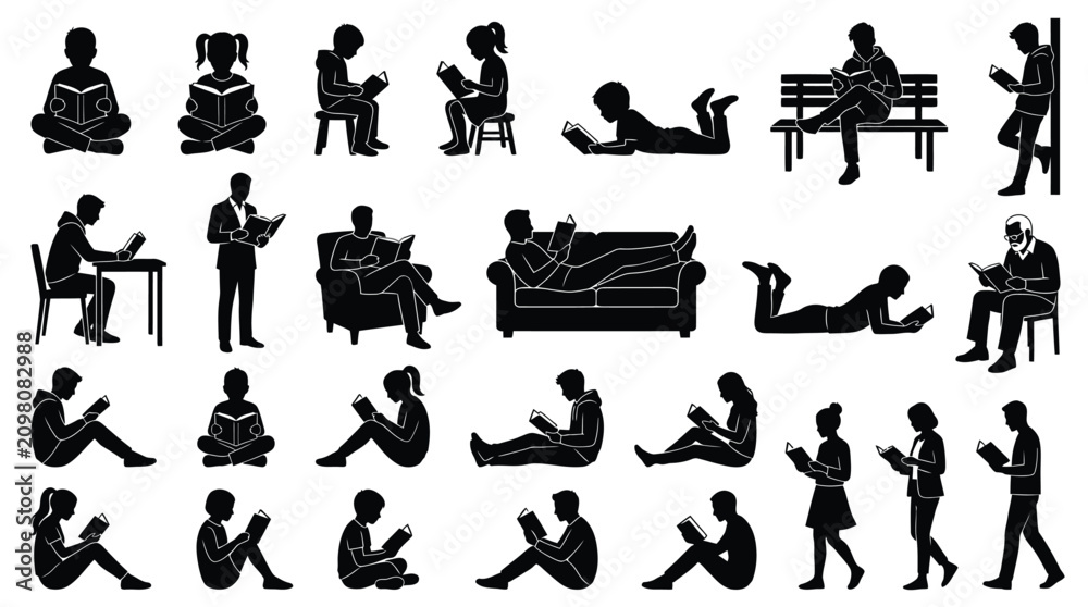 Obraz premium Diverse people reading books in various poses presented as a detailed black silhouette vector illustration set
