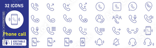 Foto 32 Phone Call Vector Outline Icons Set – Communication, Mobile Calling, Contact