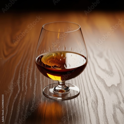 Luxurious amber spirit glows inside a heavy crystal snifter, resting on a polished wooden surface, emphasizing sophisticated taste and refinement, traditional, cognac, polished