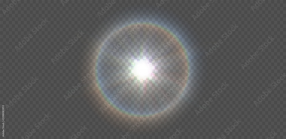 Fototapeta premium Sun light lens flare spectral chromatic aberration overlay isolated on transparent background. Glow translucent sunlight special lens flare vector light effect. Blur flash rays abstract star burst