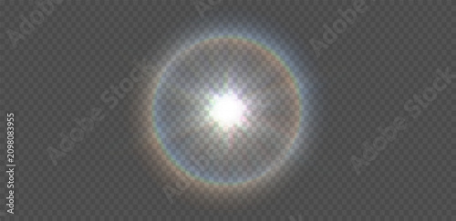 Sun light lens flare spectral chromatic aberration overlay isolated on transparent background. Glow translucent sunlight special lens flare vector light effect. Blur flash rays abstract star burst