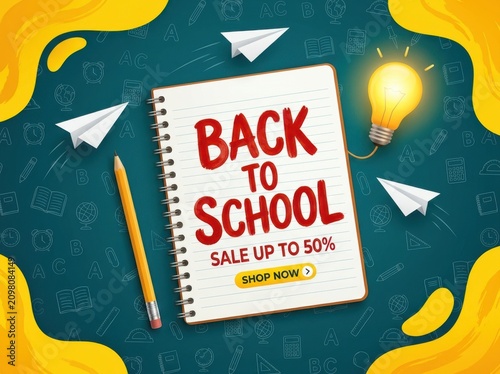 Back to school sale promotional banner with notebook and school supplies