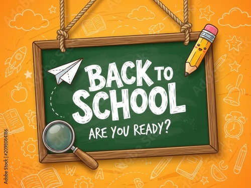 Back to school chalkboard background with school supplies and paper plane