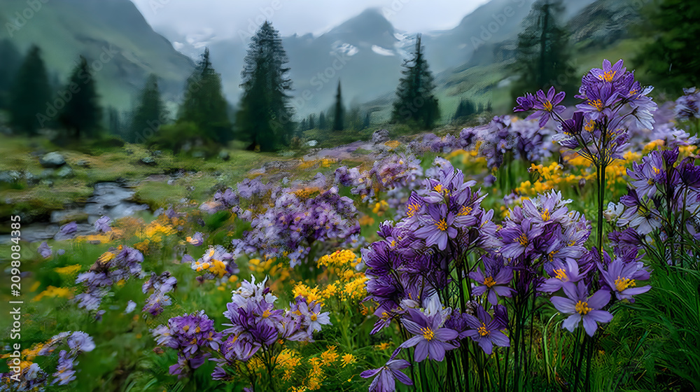 Fototapeta premium Fresh alpine flower meadow colorful purple blossoms natural landscape botanical beauty Image illustration