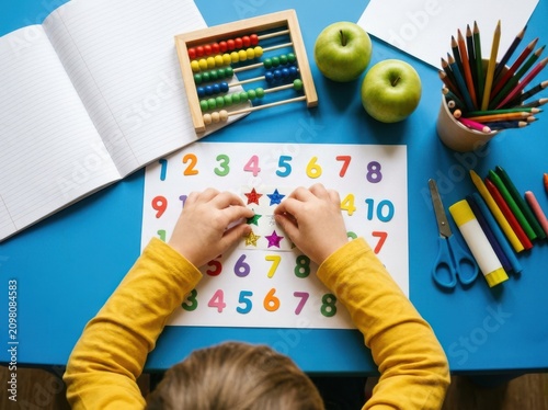Childs hands placing star stickers on a number chart at a desk with school supplies