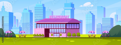 Εκτύπωση καμβά The facade of a modern restaurant in a city park against a backdrop of metropolitan skyscrapers