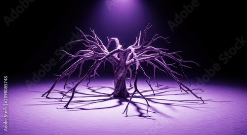 A twisted spidery tree stands in a frozen snowy landscape, illuminated by a haunting purple glow under a spotlight for a spooky mood, fantasy, lone, mystical