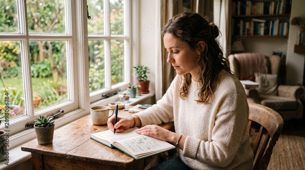 Fototapeta premium Young woman writing in a journal at a wooden desk by a window with a garden view