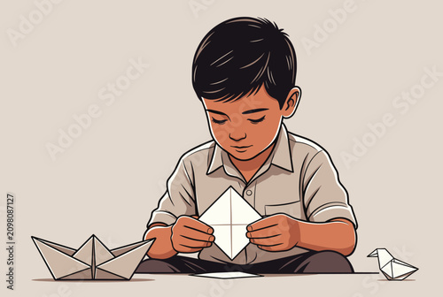 Young boy focusing intently on folding a square piece of white paper to create beautiful origami art on a table.