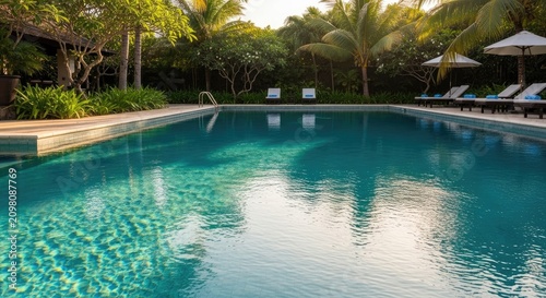 Tranquil outdoor pool scene, surrounded by lush tropical vegetation