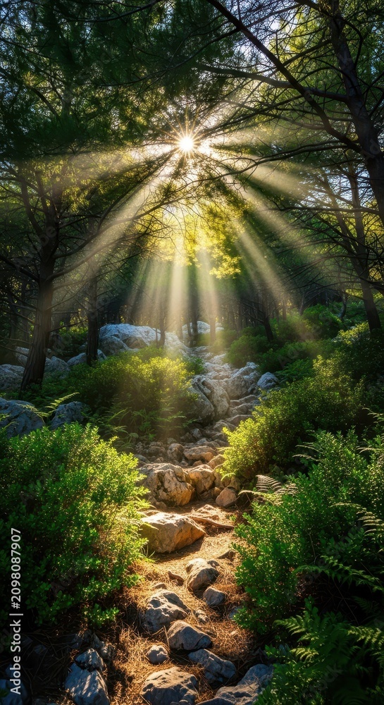 Obraz premium Sunlight filters through the canopy of a dense Mediterranean pine woodland, illuminating rocky trails and vibrant green shrubbery beneath, dry, light, scenic