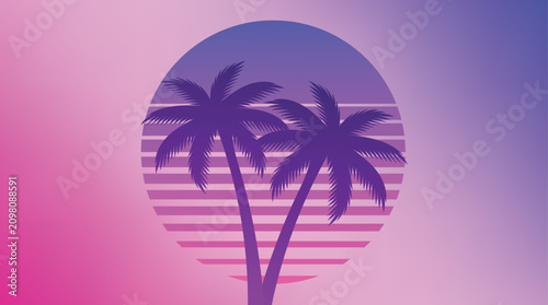 Retro synthwave palm trees sunset vector background. Purple pink gradient sunset circle with palm silhouettes for eighties neon aesthetic and summer party poster design.