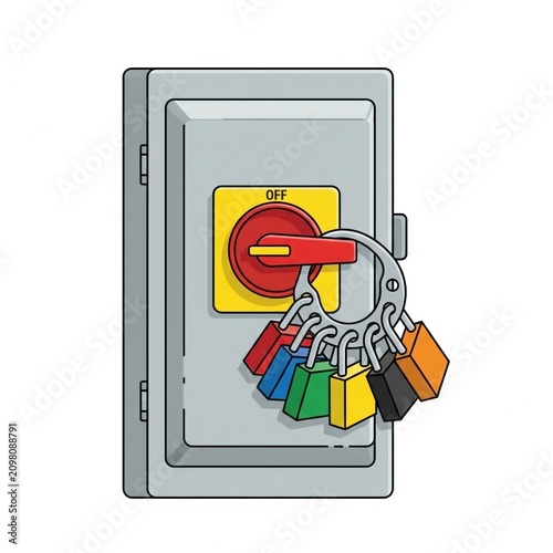 Sign indicates high voltage area with lockout tagout system using padlocks for safety. Necessary for electrical safety protocols.