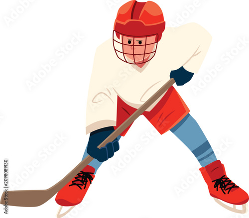Photography Ice hockey player wearing red gear and uniform, vector flat team sport game matc