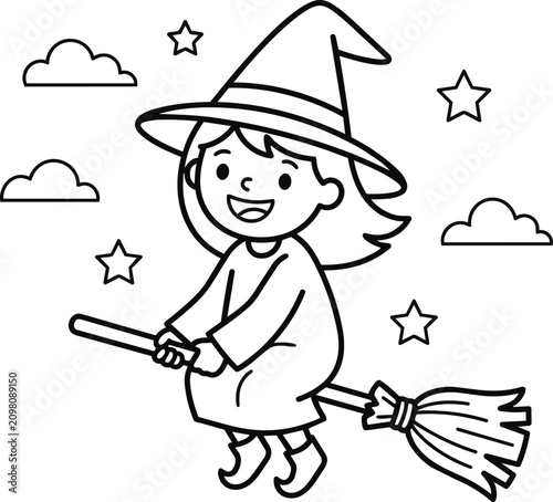Billede på lærred Little girl flying on a broomstick with stars and clouds