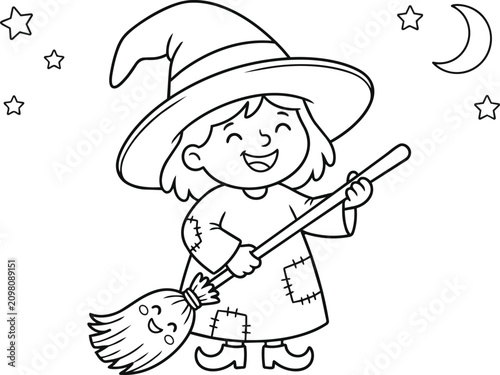 Φωτογραφία Little girl dressed as a witch holding a broomstick under the stars