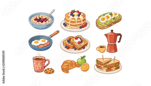 Healthy breakfast and brunch food vector collection with pancakes avocado toast fried eggs moka pot coffee and pastries isolated