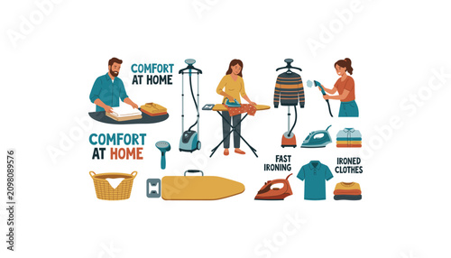 Household laundry and clothes ironing vector collection with people steaming folding and pressing garments isolated on white