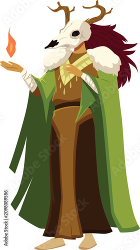 Canvastavla Tribal shaman with animal's skull with horns headgear, vector magician ancient w