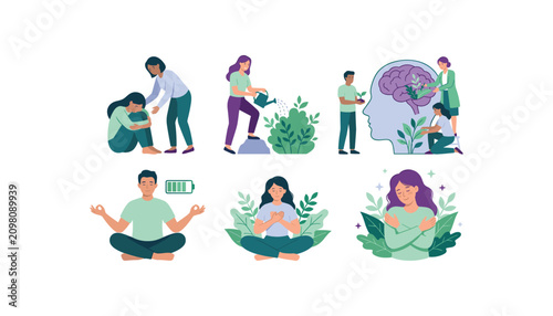 Mental health and self care vector illustration set with meditation emotional support mindfulness psychology concepts isolated on white