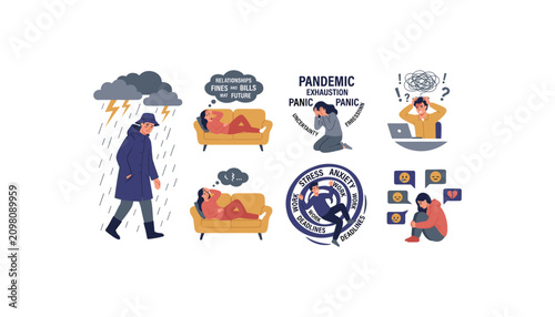 Mental health and emotional stress vector illustration set with depression anxiety panic attack burnout and sadness concepts isolated