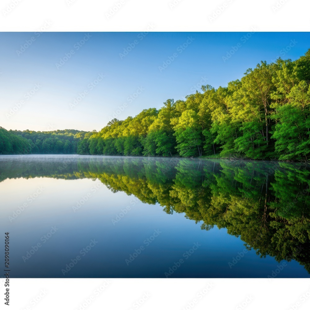 Obraz premium A calm lake surface reflects the surrounding verdant trees and soft blue sky, creating a perfectly symmetrical and peaceful nature scene, pond, nature, soft