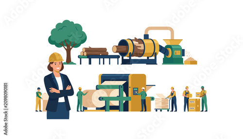 Paper manufacturing factory production line process vector illustration with lumber processing mill machinery workers and engineer isolated
