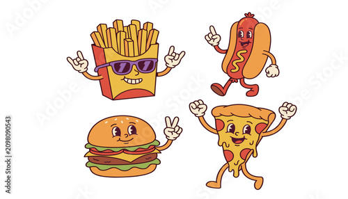 Vintage retro cartoon fast food mascot vector set with funny hamburger pizza hotdog and french fries characters isolated