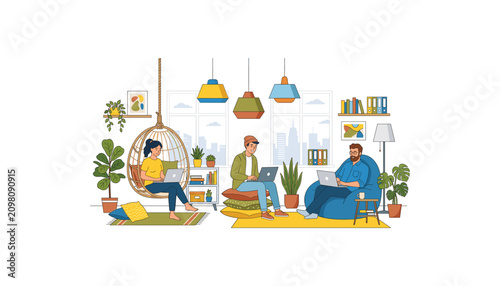PrintYoung professionals working on laptops in creative modern coworking space office with cozy comfortable interior decor