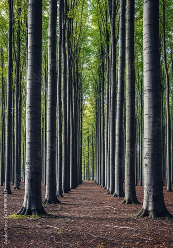 Still, solitary atmosphere in an empty beech forest. Tall, smooth gray trunks define the quiet, unpopulated woodland clearing, vertical, unpopulated, natural