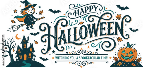 Happy halloween day illustration witch pumpkin spooky house for festive celebrations