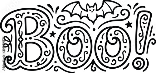 Boo halloween day typography spooky lettering with bats and stars for festive decor