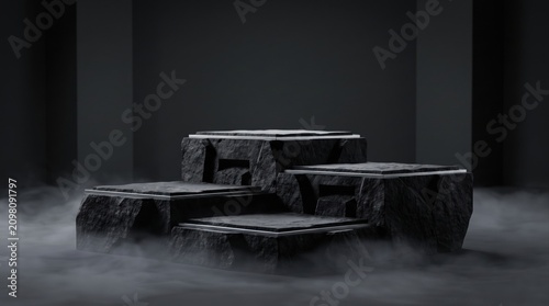 Dark minimalist stone display podiums with silver accents in smoky dark background.