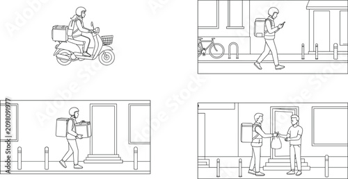 Photography Food delivery process vector illustration set with scooter transport, package sc