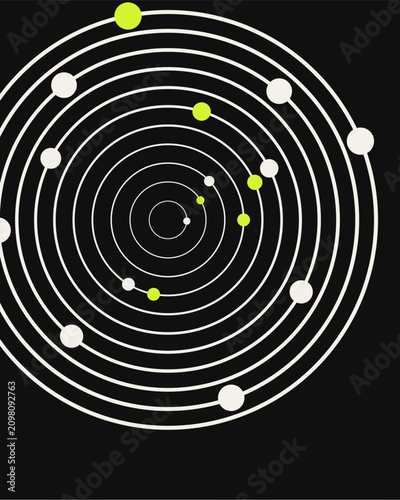 Abstract concentric orbit rings with satellite dots in black and cream colors, Planetary system diagram style, modern geometric vector background for poster and tech branding