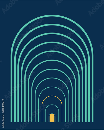 Obraz na płótnie Abstract concentric arch outlines doorway in teal and gold on dark navy, Echoing