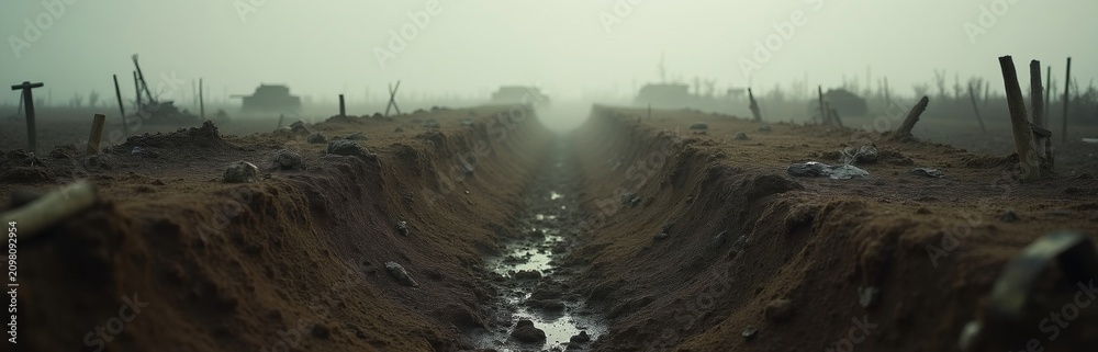 Fototapeta premium WWI battlefield landscape with muddy trenches and craters. Destroyed tanks and wooden posts dot the misty, war-torn terrain, indicating recent conflict and devastation.