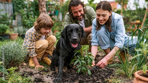 Family Enjoys Gardening While Dog Watches in the Backyard on a Sunny Day in a Green and Vibrant Setting