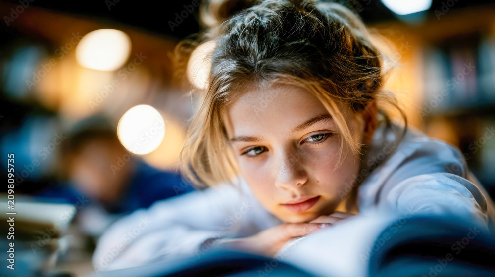 Obraz premium Close-up portrait of a girl reading an open book in a library, symbolizing education, literature, study and focused learning