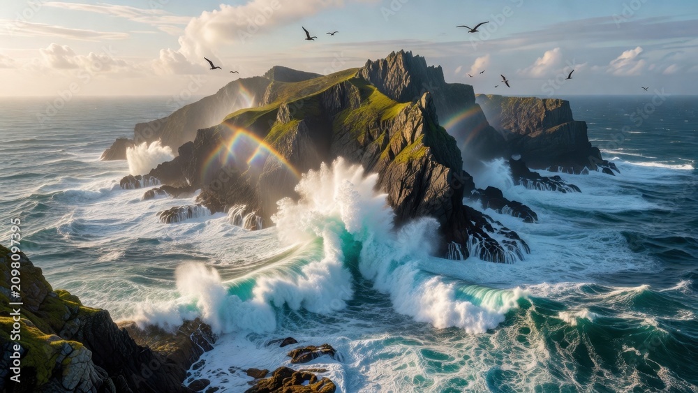 Obraz premium Rocky island cliffs being pounded by waves in ocean