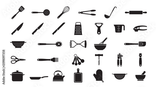 Obraz na płótnie Black kitchen utensils icon set, 30 minimalist cooking tool silhouettes, flat ve