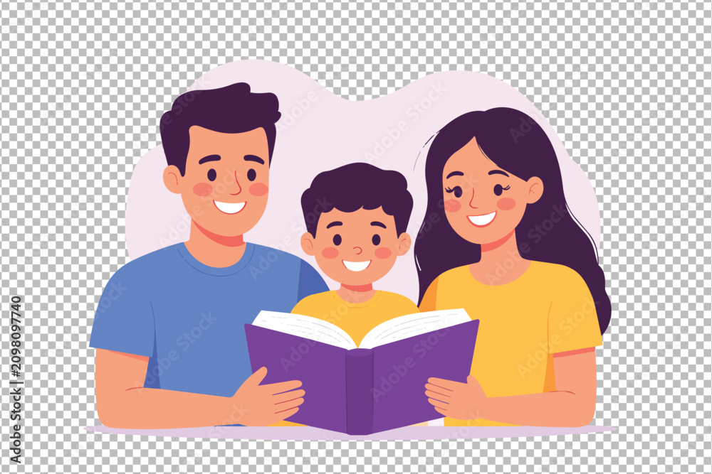 Fototapeta premium Happy family reading book together isolated on transparent background