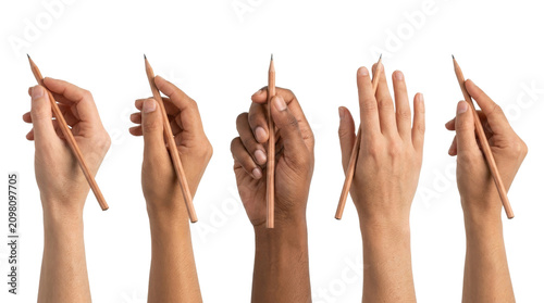 Photos Diverse hands holding pencils in various positions isolated on black