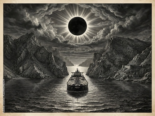 Monochromatic artistic illustration of oil tanker under a solar eclipse with maritime, illustration