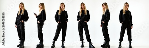 Young woman poses in black tracksuit and boots on white background. Multiple views show casual style and confident stance for fashion or lifestyle themes.