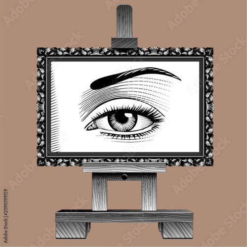 Wood easel with an antique decorative frame with vintage engraved drawing of female eye. Vector illustration in black and white vintage engraving style. 