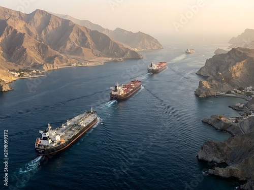 Aerial view of commercial oil tankers transiting the narrow strait of hormuz channel with maritime