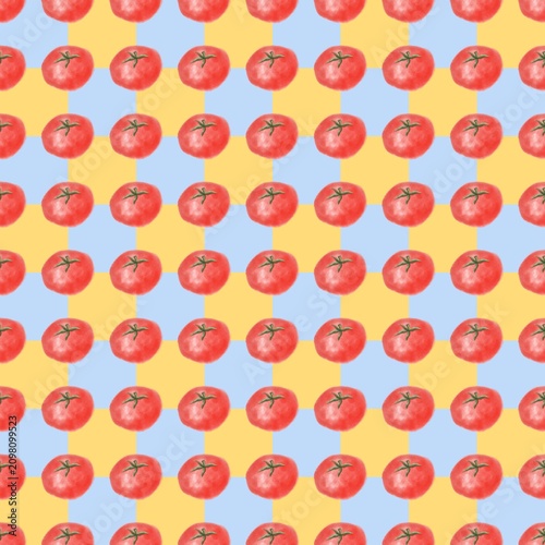seamless floral kitchen pattern with tomatoes, background, yellow blue square, print for fabric, textile, wrapping paper, cloth, kitchen print, retro vegetable print, dish