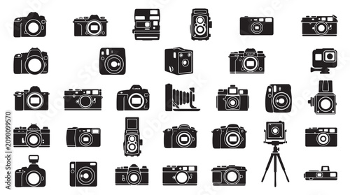 Bild auf Leinwand Vintage and modern camera icons set, 30 black silhouette photography equipment v