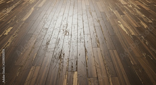 Close-up view of a worn hardwood floor featuring deep scratches, heavy scuffs, and chipped wood planks showing signs of long-term aging and use, distressed, home, background